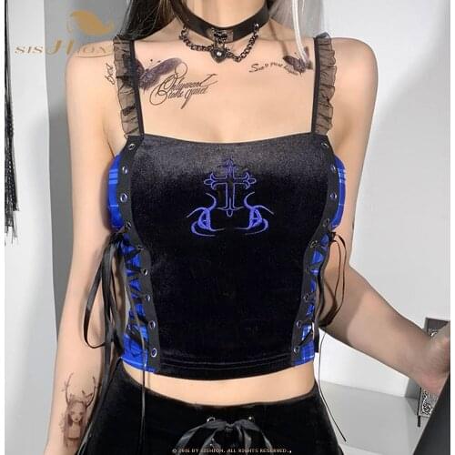 Vintage Lace Blue Pleated Camis Aesthetic Velvet Lace Up Crop Tops Y2K Goth Sexy Spaghetti Straps Backless Camisole VD2156