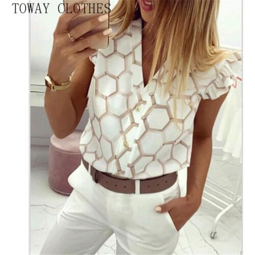 2020 Summer Women Elegant Work Wear OL Leisure Blouse Female Stylish Fashion Top V-Neck Print Ruffles Casual Shirt