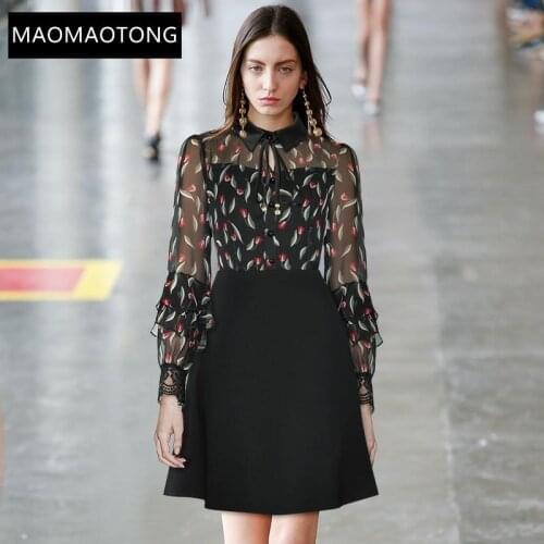Womens Clothing Fashion Designer Dress Spring Autumn Womens Dress turn-down collar Patchwork Ruffles Print Short Party Dresses