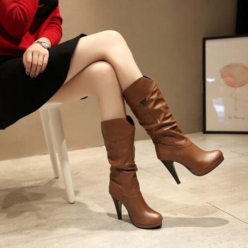 Below the knee sexy middle boots high quality leather super high heels womens winter shoes western boots cowboy boots womens p