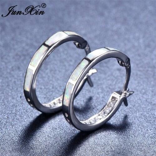 JUNXIN Cute Romantic Round Earrings Boho Blue/White Opal Circle Earrings Fashion Silver Color Hoop Earrings For Women