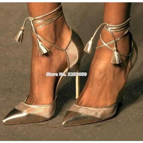 ALMUDENA Women Gold Heels Pointed Toe Lace-up Fringe Pumps Mesh Patchwork Dress Shoes Stiletto Heel Shallow Tassel Banquet Shoes
