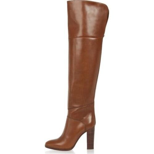 New Arrival Women Long Boots Chunky High Heel Knee High Boots For Girls Fashion Round Toe Brown Winter Boots Big Size 43
