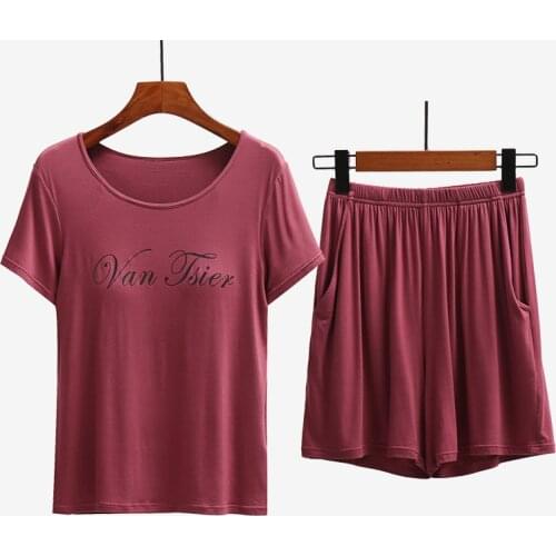 Modal Womens Short Sleeve Short Sleeve Shorts Set with Chest Padded Bra Printing Home Wear Pajamas Two-piece Set Can Be Weared