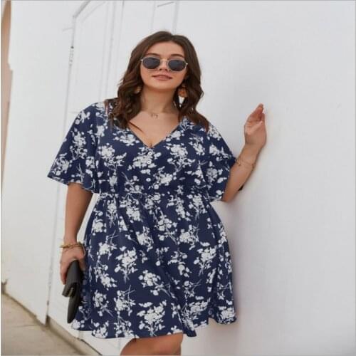 Mini Floral Dress Plus Size Boho V Neck Party Elegant Short Sleeve Light Dresses Woman Summer 2021 L-4XL High Quality Clothes