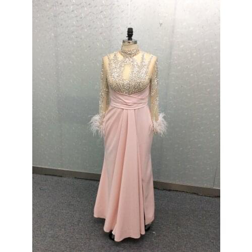 Elegant Beaded High Neck Pink Prom Dresses Zipper Back Long Sleeve Mermaid Robe De Soiree Floor Length Formal Party Gown