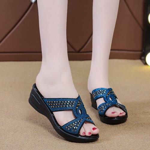 2021 Sandals and slippers female summer mother shoes rhinestone hollow word wedge heel fish mouth large size