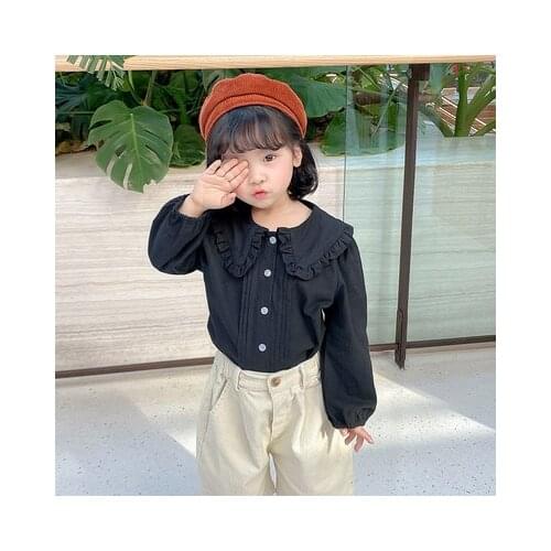 2021 Spring Baby Girl Shirt Kids Peter Pan Collar Girls Shirt Childrens New Long Sleeve Baby Shirt Tddler Solid Blouse Top Tees