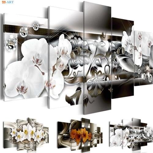 5 Panel White Orchids Blossom Flowers Canvas Painting Posters and Prints Wall Art Wall Pictures for Living Room Home Decoration
