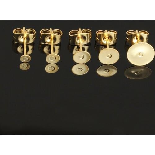 50pcs Stainless Steel Gold Color Blank Stud Earring Base fit 4mm 5mm 6mm 8mm Cabochon Beads DIY Jewelry Making