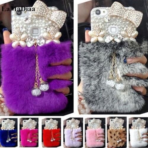 Luxury Bling Fox Rabbit Plush Fur Pearl Bowknot Cover Case For Samsung j3 j5 j7 2017 j4 j6 j8 2018 A50 A70 Tassel Pendant Case