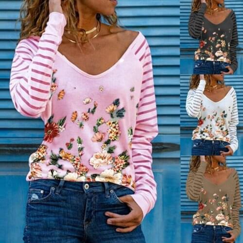 Spring Autumn New V-Neck T Shirts Vintage Floral Print Patchwork Pullover Tops Fashion Striped Long Sleeve Streetwear