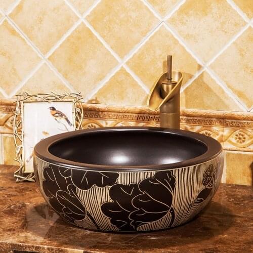 Artistic Porcelain Countertop and Semi Counter Sink Washbasin black with peony pattern Ceramic wash basin Bathroom Sink