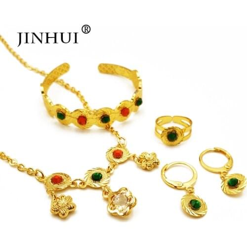 New Ethiopian Gold jewelry sets Pendant Necklace Earring Ring girls for baby boys dubai African Eritrea Children gifts set