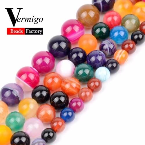 4 6 8 10 12mm Natural Stone Multicolor Stripe Agates Onyx Loose Round Beads For Jewelry Making Diy Bracelet 15" Wholesale