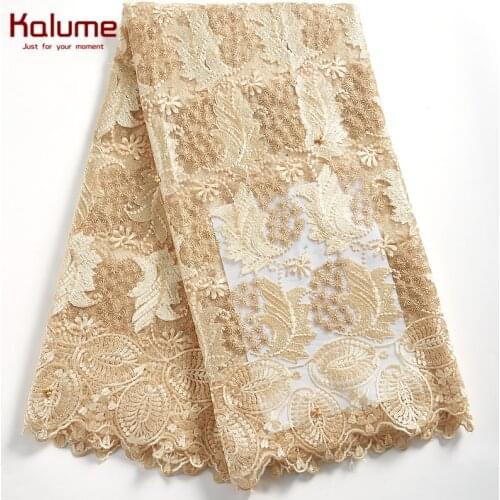 Kalume Gold African Lace Fabric Latest Nigerian Tulle Lace Fabric Beads And Stones French Mesh Lace Fabric For Party Dress F2319