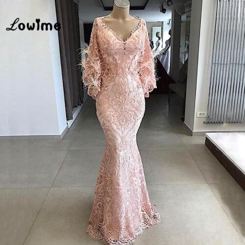 Feather Lace Pink Arabic Evening Dresses 2019 New Couture Mermaid Party Dress With Jacket Prom Gowns V Neck Middle East Formal