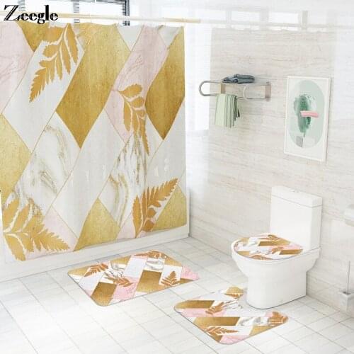 Marble Print Bathroom Rug Set With Polyester Waterproof Shower Curtain Bathroom Mat Set Toilet Carpet and Anti-slip Foot Rug
