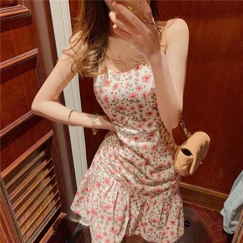 Real Shot 2021 New Fashion Fold Design Sense Suspenders Waist Floral Sweet Sexy Dress Summer