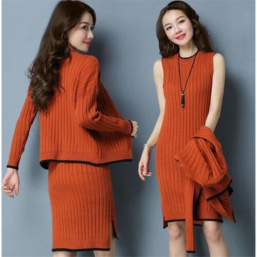 2019 new fashion Women Knitting Sweater long sleeve coat and mini Vest Dress Two-Piece Set women sweater suit pluse size