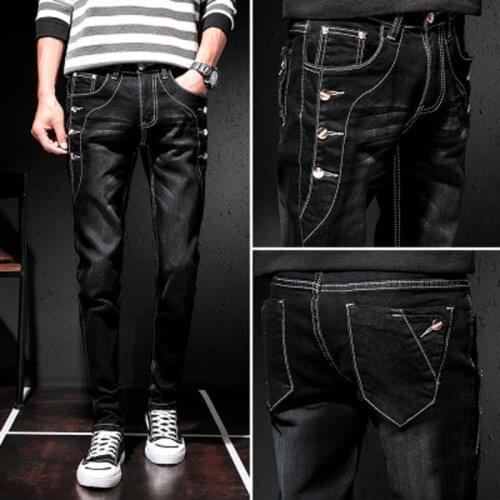 New Jeans Men Korean Slim Stretch Young Full Length Straight Mid Zipper Three-breasted Buckle Pants Fashion Decoration