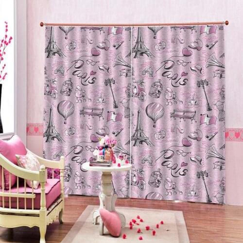 Paris Symbols Romantic City Tower Battery car Balloons and Street Lights Pattern Pink Curtain For Bedroom Blackout Window Drapes