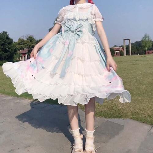 Japanese Suspender Bow Cartoon Cat JSK Lolita Dress Sweet Peter Pan Collar Top Cute Cosplay Ruffles Kawaii Dress Harajuku Gothic