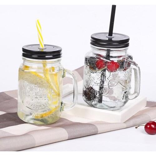 American Retro Glass With Lid Can Be Inserted Into Straw Water Bottle Milk Tea Cup Home Large-Capacity Straw Cold Drink Mug