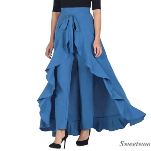 Women Pants 2020 Causal Ruffle Drawstring Trouser Elegant High Waist Irregular Loose Pure Color Autumn Female Pant Skirt