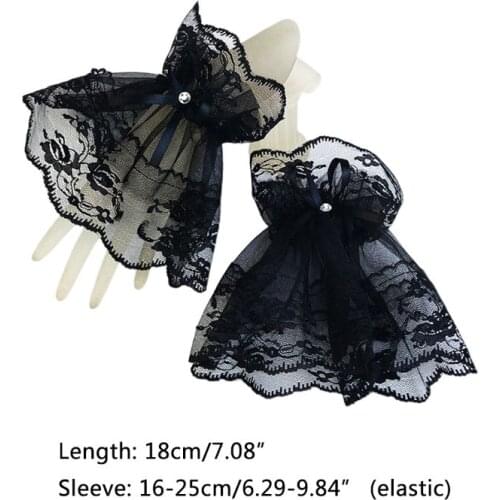 Women Black Lace Wrist Cuffs Bracelets Wedding Rhinestone Bow Fingerless Gloves