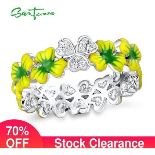 SANTUZZA Silver Ring For Women 925 Sterling Silver Delicate Green Flowers Shiny Cubic Zirconia Party Jewelry Handmade Enamel