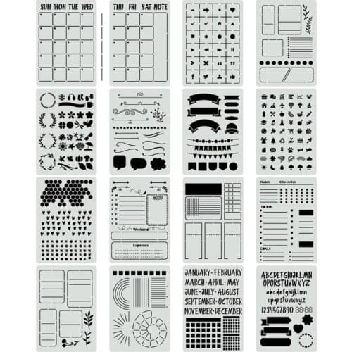 16pcs Plastic Journal Stencils Template for Journal Notebook Diary Scrapbook Planner DIY Drawing Stencils 8x6 Inch 896A