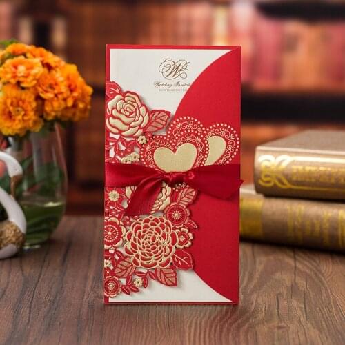 50pcs/lot Romantic Red Marriage Invitations Card with Ribbon Wedding Vertical Save The Date Party Bridal Shower Card 215mm*113mm