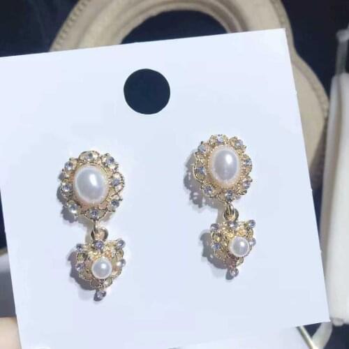 Baroque wind light retro carved pearl inlaid ring temperament 925 silver needle Earrings female Earrings
