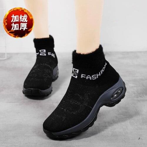 Big Size Winter Warm High-top Sneakers Woman Running Shoes Platform Sport Shoes Womens High Sports Shoes Black Fur Flats A-1495