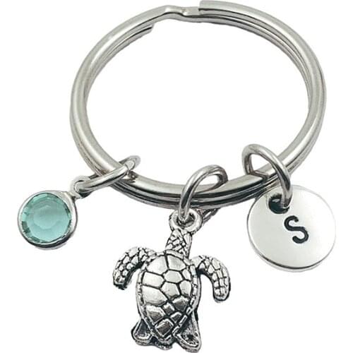 Turtle Animal Initial Letter Monogram Birthstone Keychains Keyring Creative Fashion Jewelry Women Gifts Accessories Pendant
