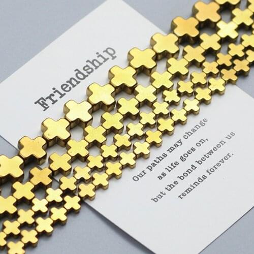 Jesus Cross Hematite beads Gold Vacuum Plating Natural Stone 6 8 10mm Loose Spacer Bead for Jewelry Bracelet Necklace Making DIY