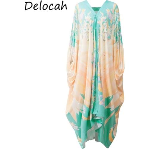 Delocah New 2021 Summer Women Fashion Runway Long Dress Batwing Sleeve Loose Floral Printed Holiday Ladies Shirts Style Dresses