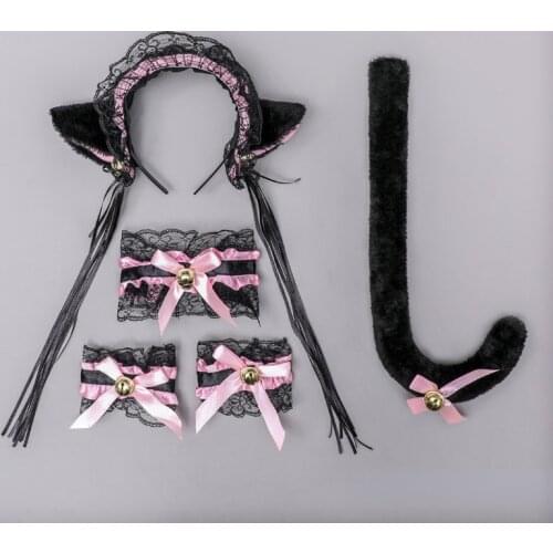 Lace Cat Fox Ears Headband Hair Ribbon Tail Wrist Band Neck Band With Bell Maid Dress Cosplay Costume Accessory New Anime