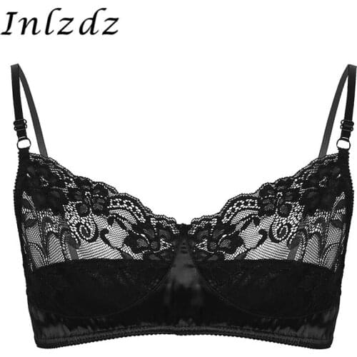 Mens Lingerie Sissy Crossdresser Satin Bra for Sex Exotic Bra Floral Lace Satin Wire-free Bralette No Pad Bra Top Exotic Hot Bra