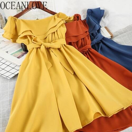 OCEANLOVE 2021 Summer Vestidos Ruffles Bandage Sexy Mini Dress for Women Solid Slash Neck A-line High Waist Dresses 19846