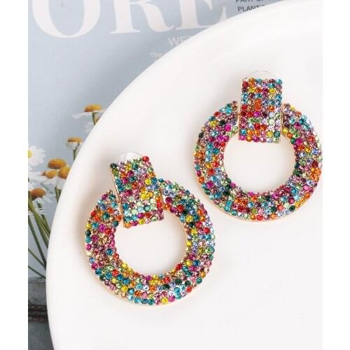 Wholesale JUJIA Trendy Round Colorful Crystal Drop Earrings Women Wedding Simulated Pearl Statement Earrings Jewelry