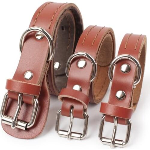 Strong Cow Leather Dog Collars Adjustable Neck Padded Collar Lead For Medium Large Dogs S M L