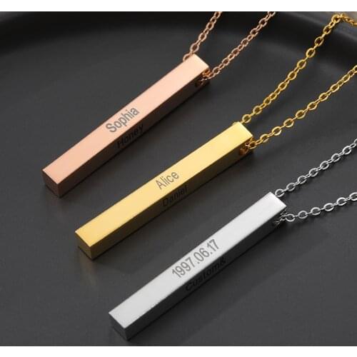 Four Sides Engraving Personalized Square Bar Custom Name Necklace Gold Chain Stainless Steel Pendant Necklace Women/Men Gift BFF