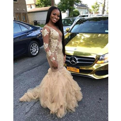 Through Prom Dress 2020 Mermaid Long Sleeves Ruffle Train Floor Length Formal Evening Party Gowns Black Girls