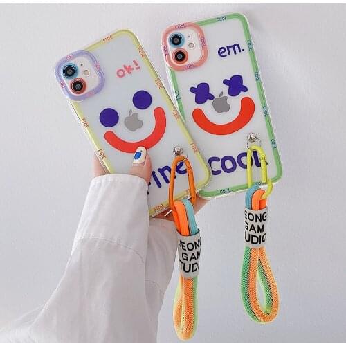Korea Cute Smiley Fluorescent Lanyard transparent Phone case for iphone 12 Pro Max 11 Pro XR X XS 7 8 plus SE 20 soft Tide Cover