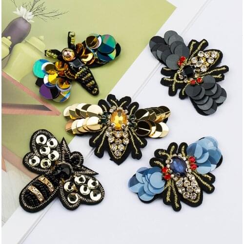 QIAO Handmade Crystal Rhinestone beaded&sequin Patche Bees Shape Fashion Sew on pearl patch for clothes beaded Applique Cute DIY