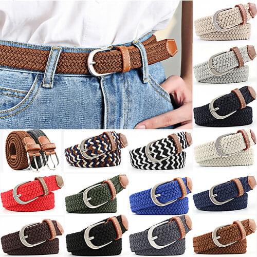Unisex Canvas Webbing Slim Belt Leather Trim Elastic Woven Braided Waistband d88