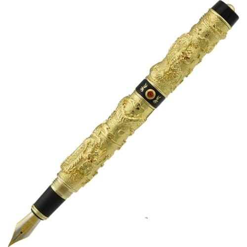 Luxurious Jinhao Vintage Fountain Pen Double Dragon Playing Pearl, Metal Carving Embossing Heavy Pen Gold & Black for Collection