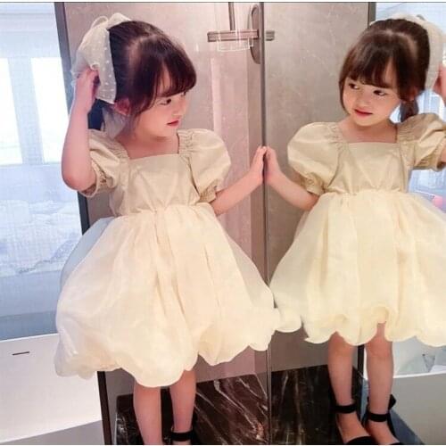 Girls Puff Sleeve Princess Net Gauze Dress Western Style Little Girl Backless Dress 2021 Summer Children Princess Dress